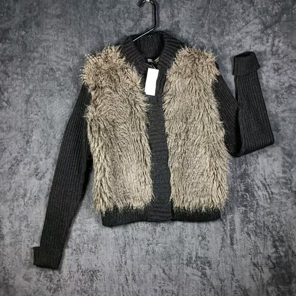 Premise Sweater Women Extra Large Gray Faux Fur Wool Blend Snap Up - Picture 2 of 9